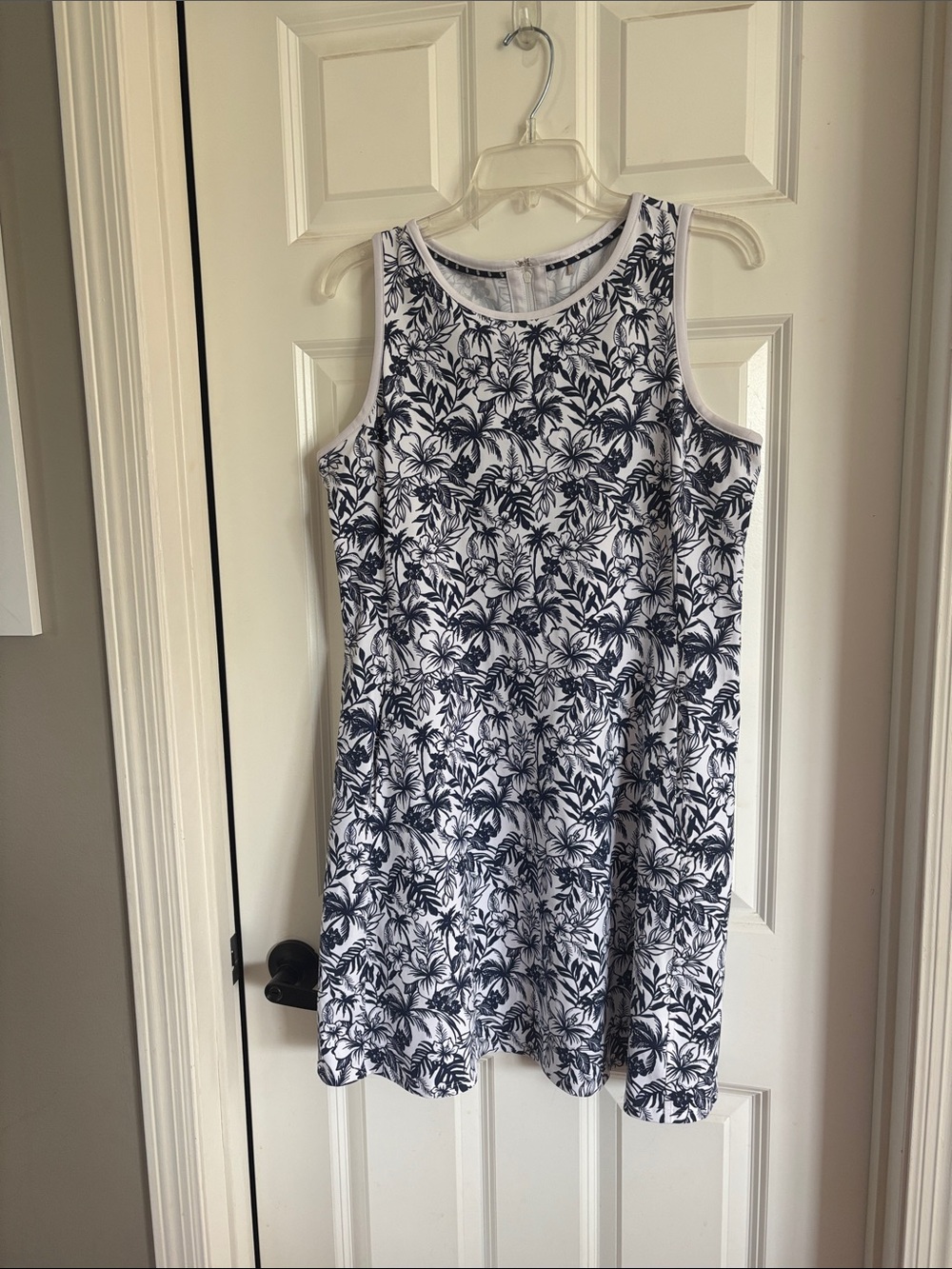 White Sleeveless Mini Dress with Navy Floral Print